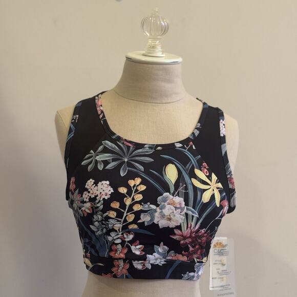 C&C California Womens M Sports Bra Performance Black Floral Mesh Stretch Wicking - Picture 2 of 16